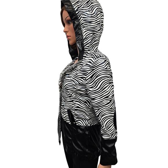 Dollhouse Hooded Rain Jacket Zebra Animal Print Elbow Patch S/M Black White - Picture 6 of 12